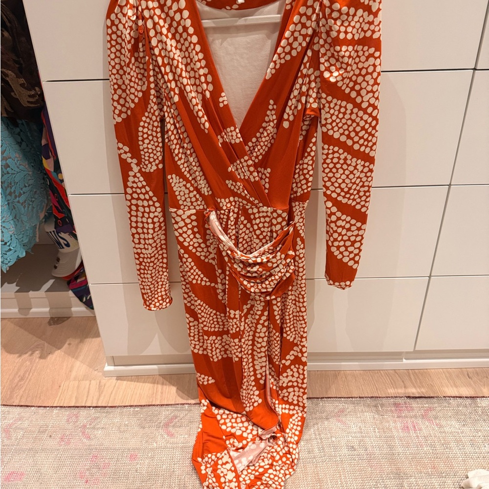 Johanna Ortiz Orange Printed Knot-Front Long Sleeve Midi Dress - Picture 4 of 5